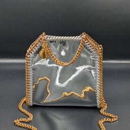 Sac Stella McCartney x Sorayama Falabella tiny argenté à effet miroir, vue de face avec chaîne dorée