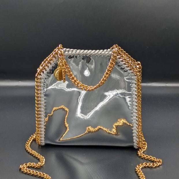 Sac Stella McCartney x Sorayama Falabella tiny argenté à effet miroir, vue de face avec chaîne dorée